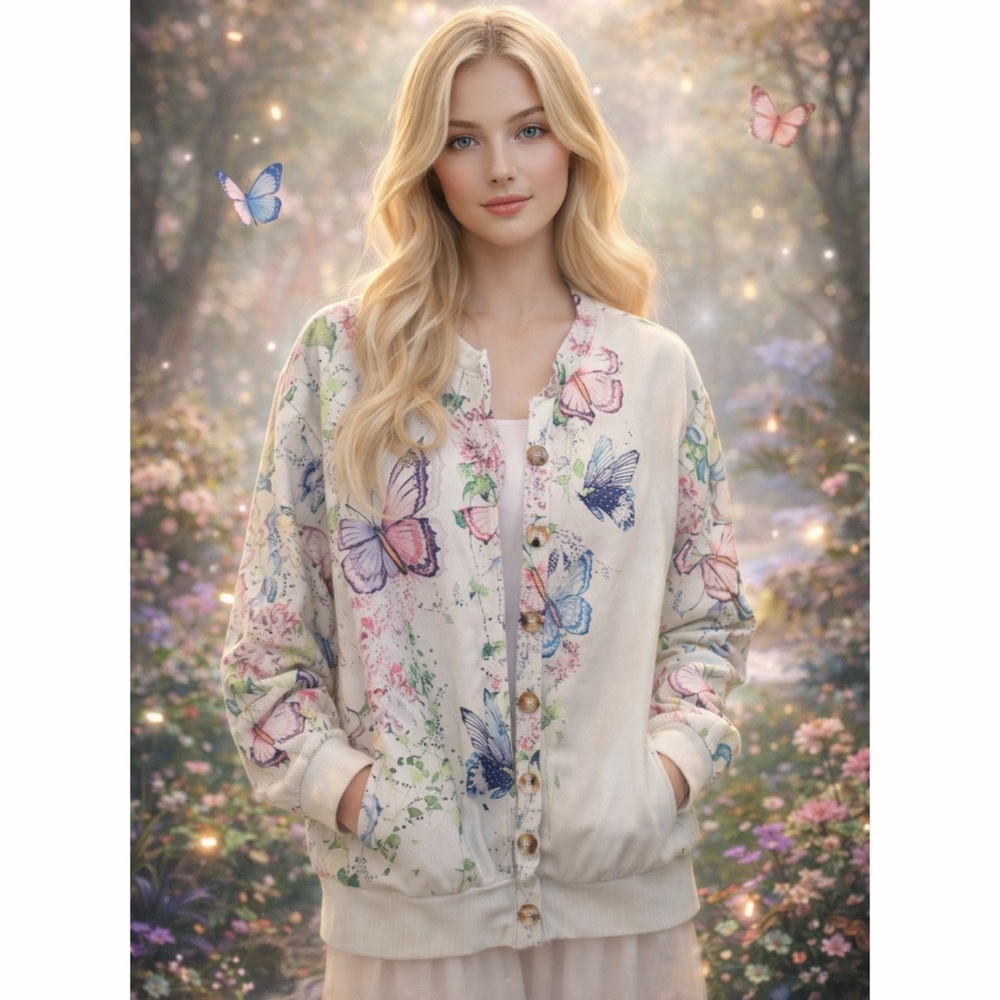 Whimsical Boho Butterfly Lightweight Button Up White Jacket